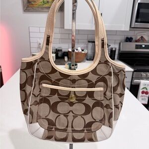 Coach Ergo Brown and Cream White Signature Tote Bag